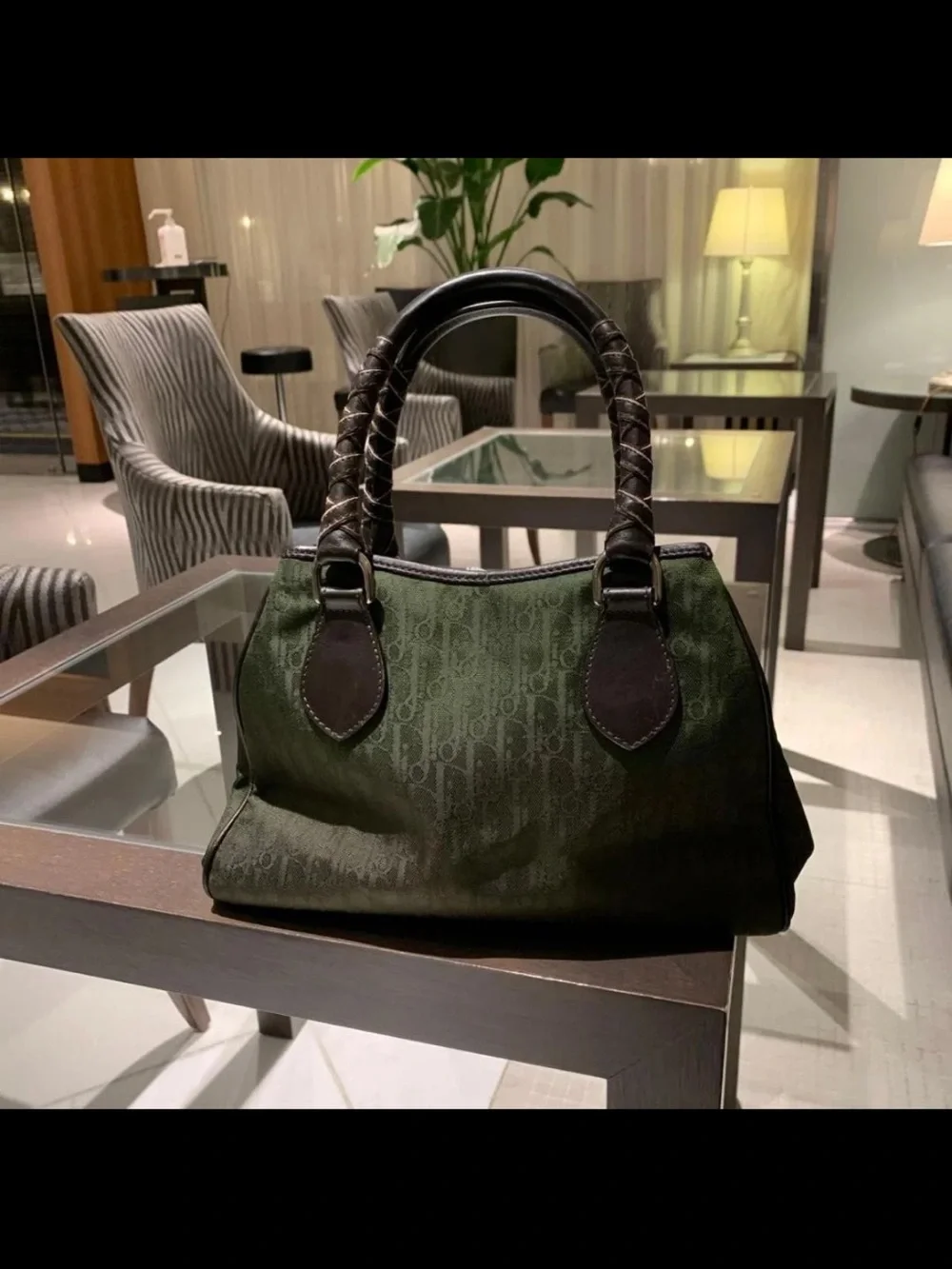 Dior Olive Green Monogram Satchel with Braided Dark Brown Handles